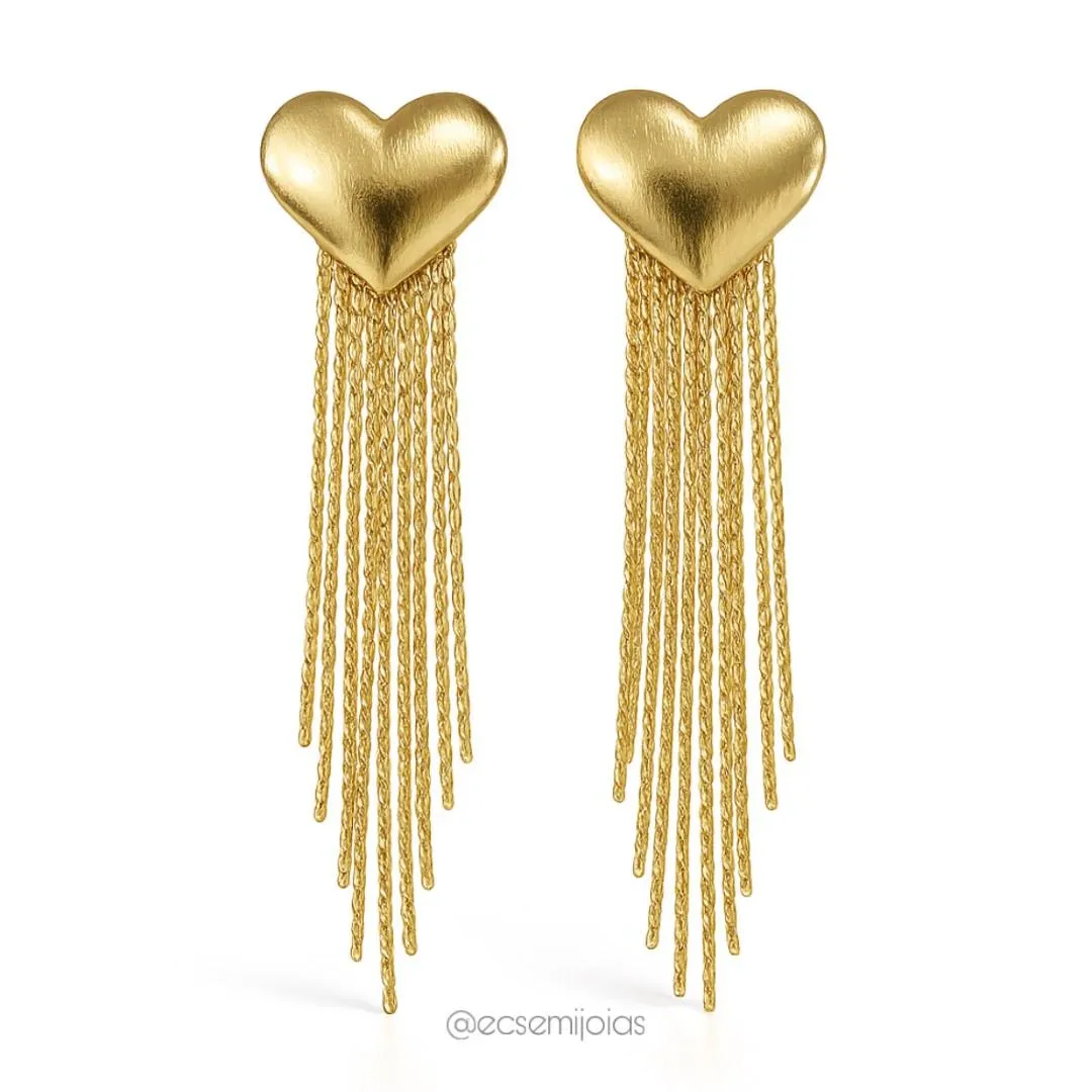 Brinco de coração com franja - banhado a ouro 18k