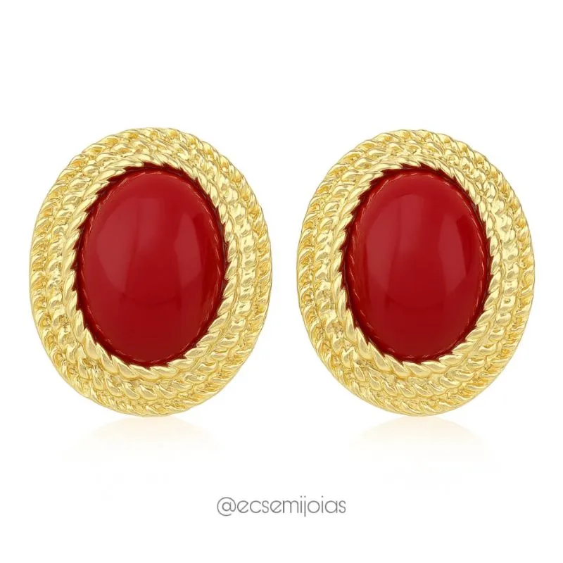 Brinco oval grande com pedra de resina no centro bombardeada em volta - banhado a ouro 18k