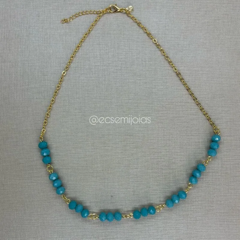 Colar de elo português fininho com cristais turquesas - 40cm + extensor - banhado a ouro 18k