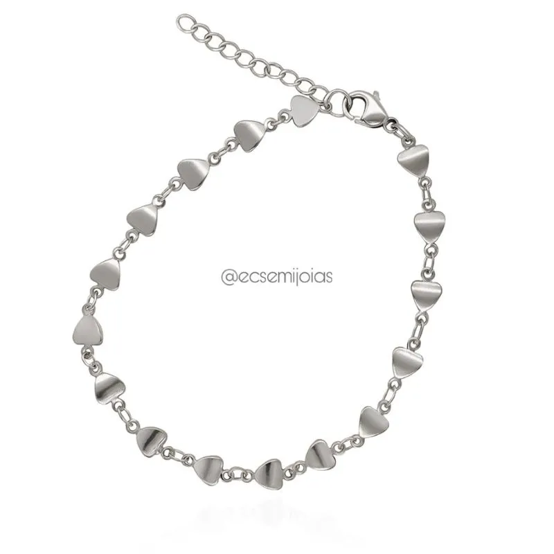 Pulseira  com corações lisos - 20cm + extensor - aço inoxidável