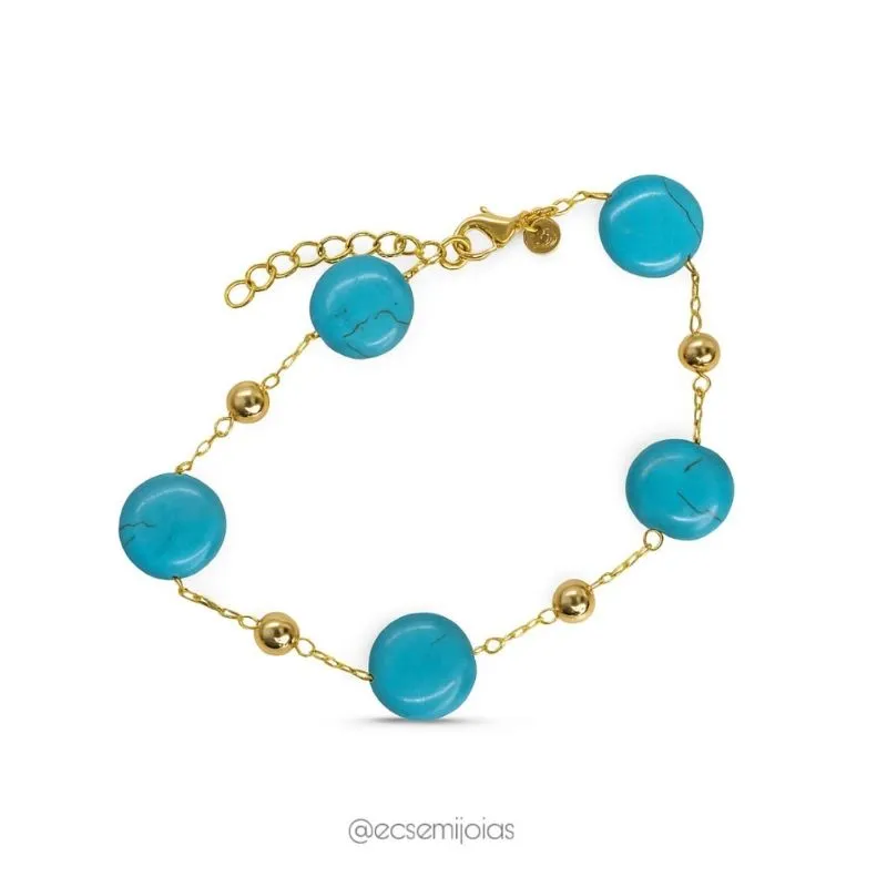 Pulseira de bolas lisas com pedras turquesas redondas - 17cm + extensor - banhado a ouro 18k