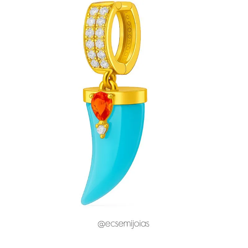 Argola cravejada com 2 fileiras com pedra em formato de dente de sabre com gota no centro -  banhado a ouro 18k