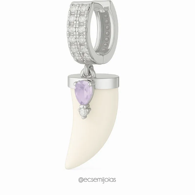 Argola cravejada com 2 fileiras com pedra em formato de dente de sabre com gota no centro -  banhado a ródio branco