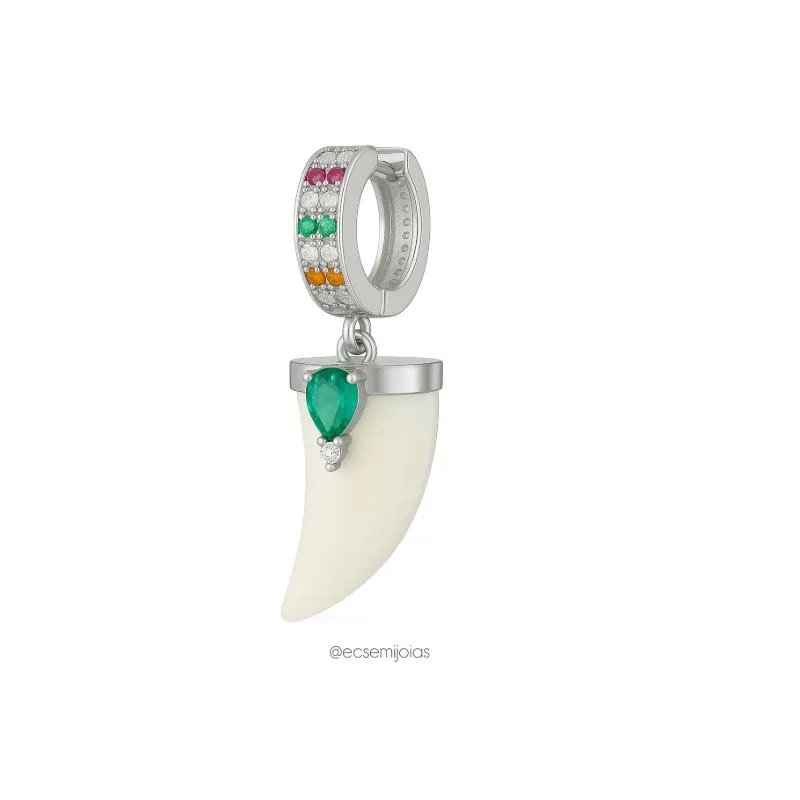 Argola cravejada com 2 fileiras com pedra em formato de dente de sabre com gota no centro -  banhado a ródio branco