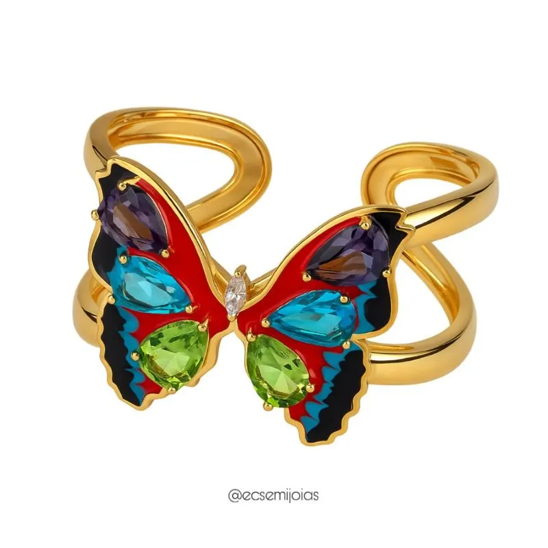 Bracelete de borboleta grande resinada com pedras gotas grandes - banhado a ouro 18k