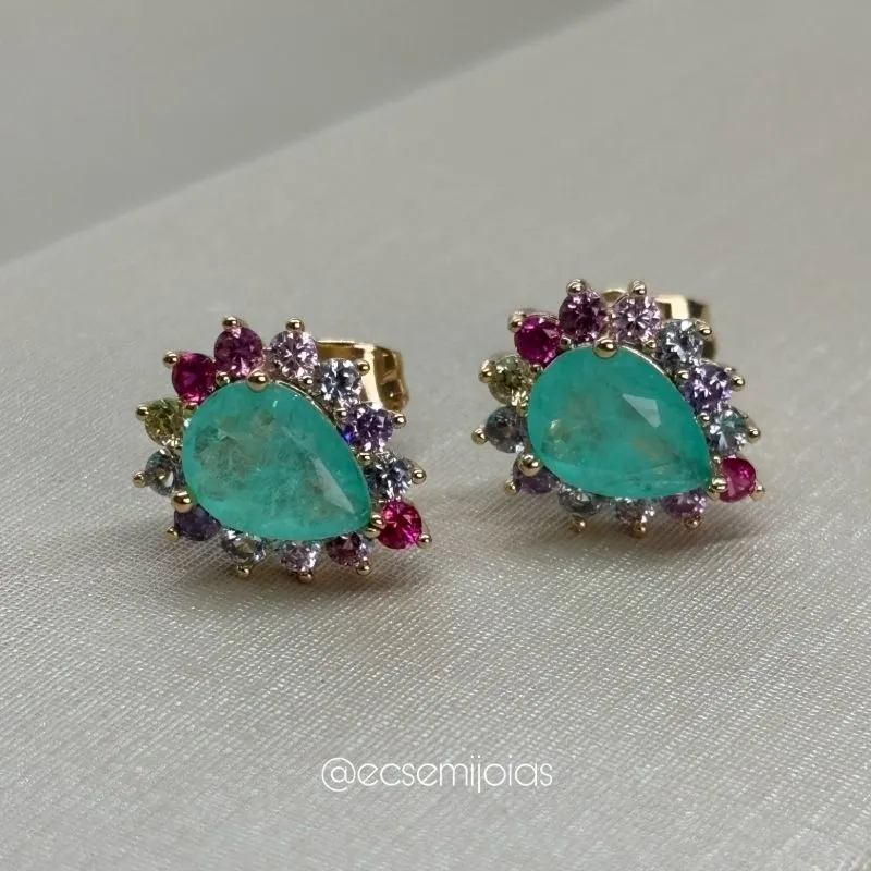 Brinco pedra gota 6x8mm fusion no centro cravejado em volta - M - banhado a ouro 18k