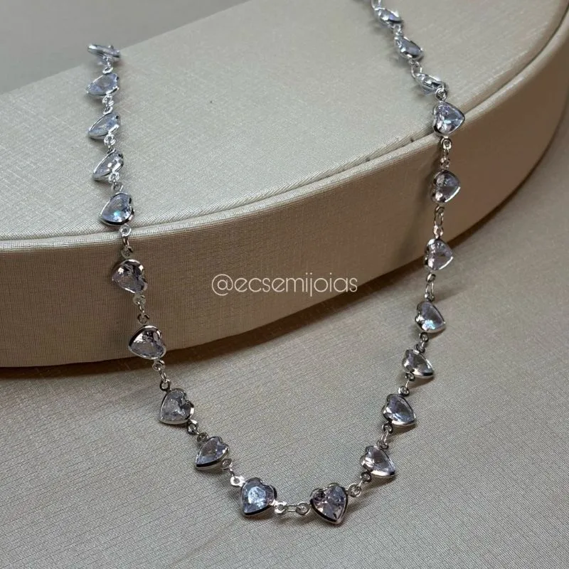 Choker de zircônias de corações - 35cm + extensor - banhado a ródio branco