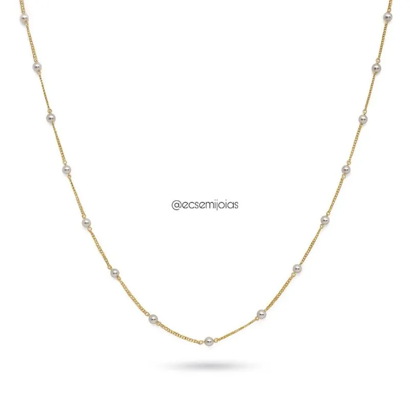 Colar grumet fininho com pérolas resinadas de 4mm - 40cm - banhado a ouro 18k