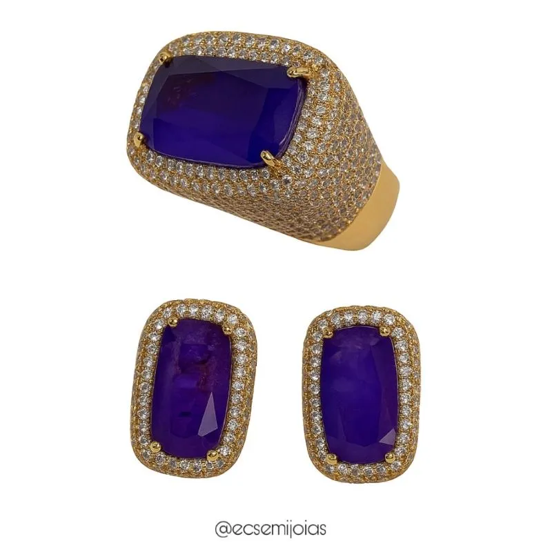 Conjunto de anel e brinco com pedra retangular grande no centro cravejado em volta e laterais - banhado a ouro 18k