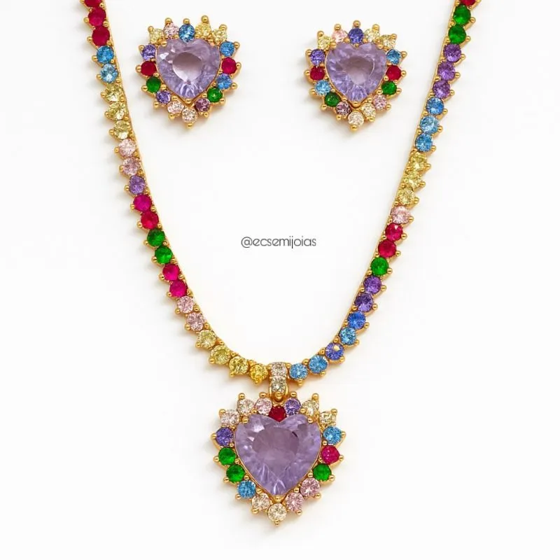 Conjunto de brinco e colar com 100% de zircônias com coração de pedra no centro cravejado em volta - 40cm - banhado a ouro 18k