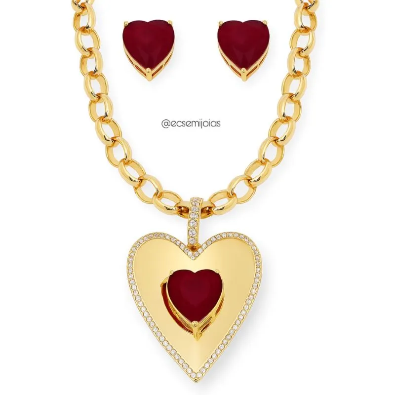 Conjunto de brinco e colar de elo português 9mm com pingente de coração grande - 38cm - banhado a ouro 18k
