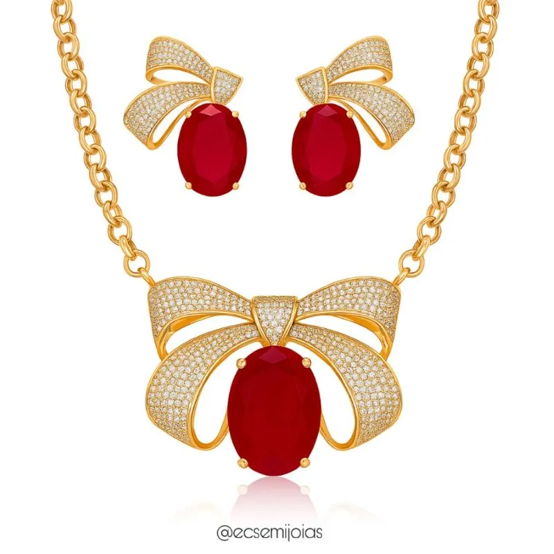Conjunto de brinco e colar de gota de laço cravejado com pedra oval fusion pendurada - banhado a ouro 18k