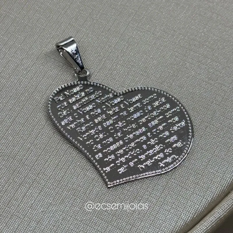 Pingente chapa de coração com PAI NOSSO - 2,5cm - banhado a ródio branco