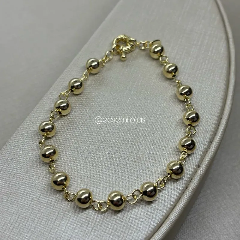 Pulseira bolas 6mm lisas média - 19cm - banhado a ouro 18k