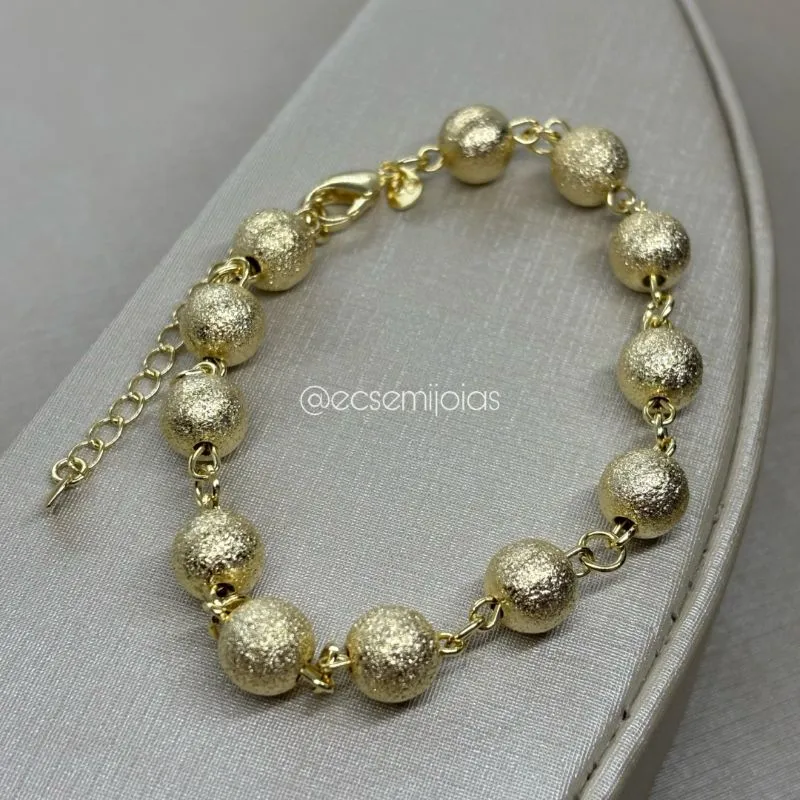 Pulseira bolas 8mm diamantadas - 19cm + extensor - banhado a ouro 18k