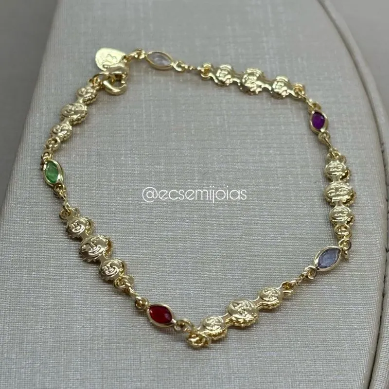 Pulseira com bastões com sol pequeno e navetes de cristais - 18cm - banhado a ouro 18k
