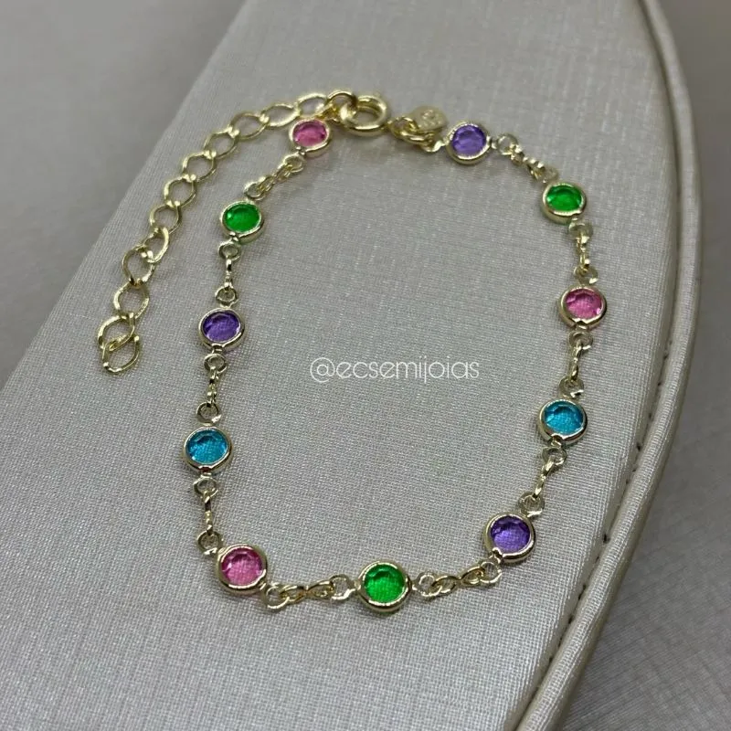 Pulseira com vários cristais coloridos - 16cm + extensor - banhado a ouro 18k