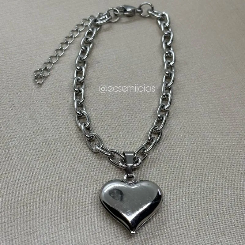 Pulseira de elo cartier 5mm com pingente de coração 2cm liso - 18cm + extensor - aço inoxidável