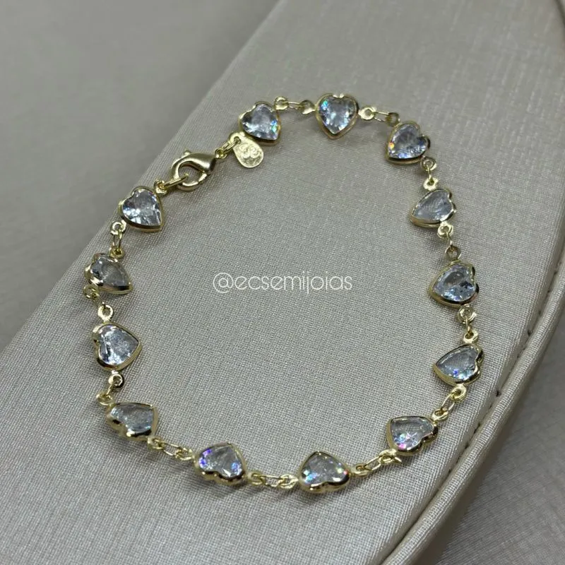 Pulseira de zircônias de corações - 18cm - banhado a ouro 18k
