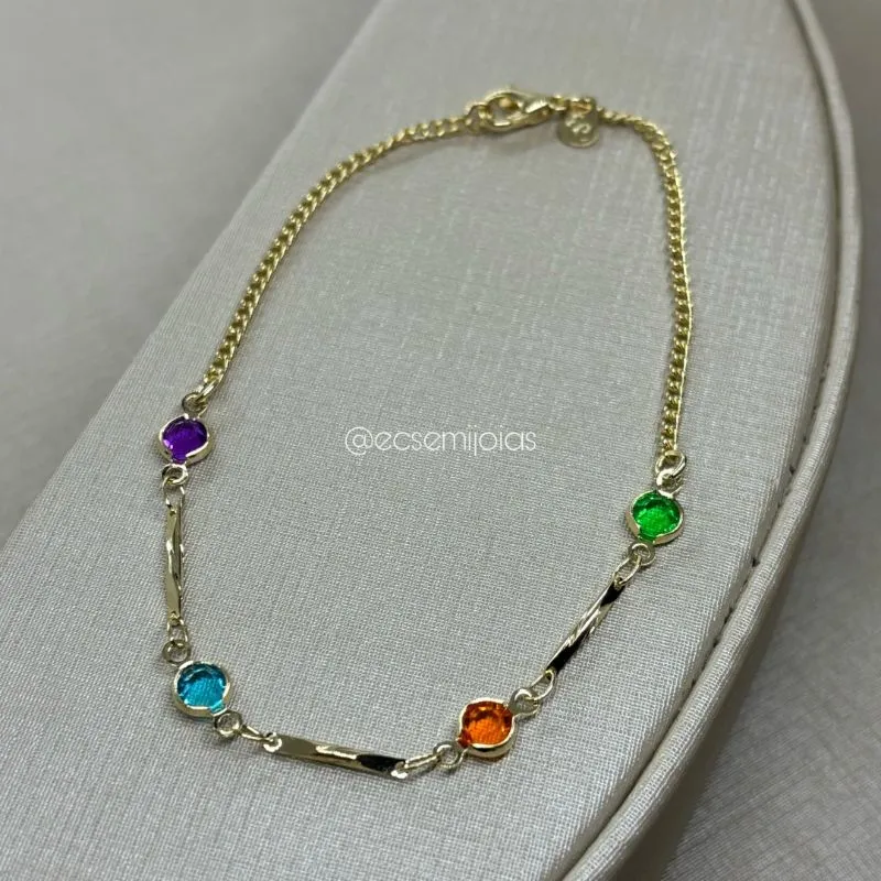 Pulseira grumet fininha com bastões torcidos e cristais intercalados - 20,5cm - banhado a ouro 18k