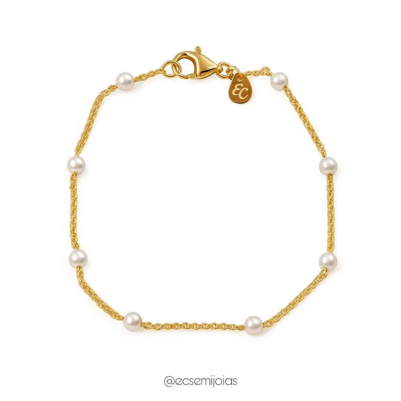 Pulseira grumet fininha com pérolas resinadas de 4mm - 19cm - banhado a ouro 18k