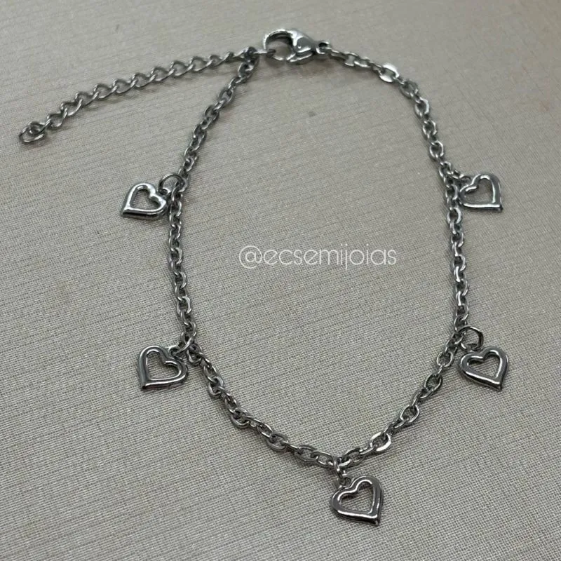 Pulseira portuguesinha com corações lisos vazados pendurados - 18cm + extensor - aço inoxidável