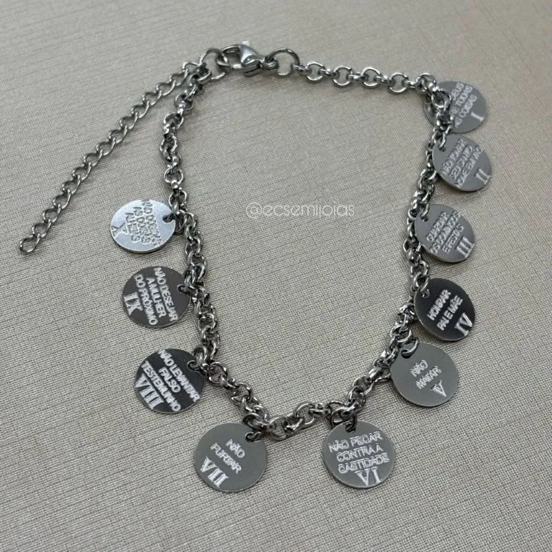 Pulseira portuguesinha com moedas dos 10 mandamentos - 18cm + extensor - aço inoxidável