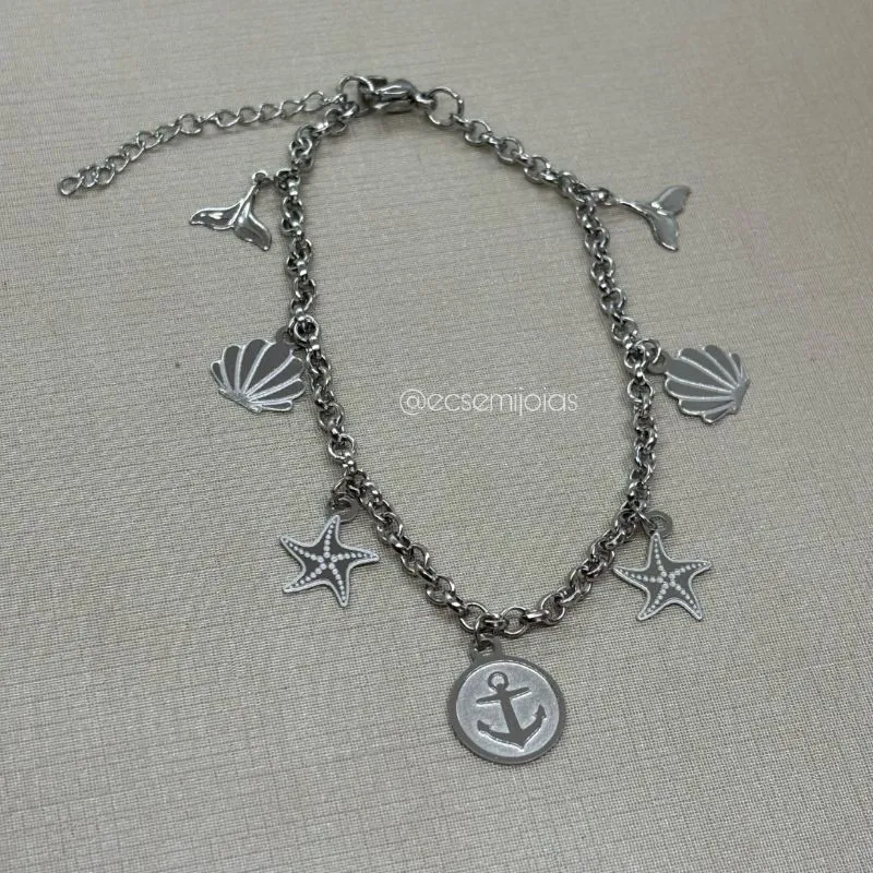 Pulseira portuguesinha com pingentes pendurados de âncora, estrela do mar, concha e rabo de baleia - 18cm + extensor - aço inoxidável
