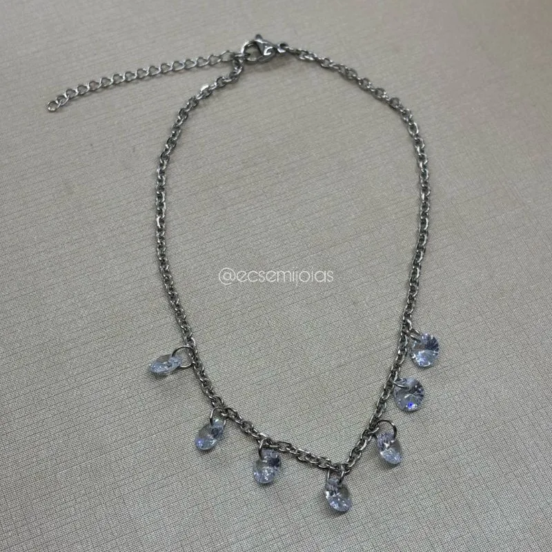 Tornozeleira portuguesinha com 7 zircônias de 6mm penduradas - 24cm + extensor - aço inoxidável