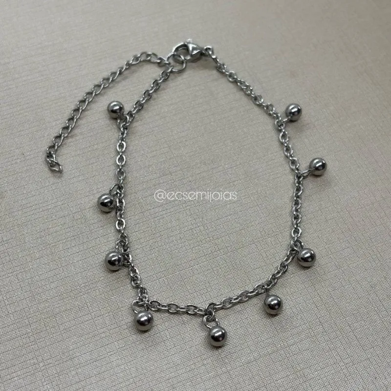 Tornozeleira portuguesinha com bolas de 4mm lisas penduradas - 24cm + extensor - aço inoxidável