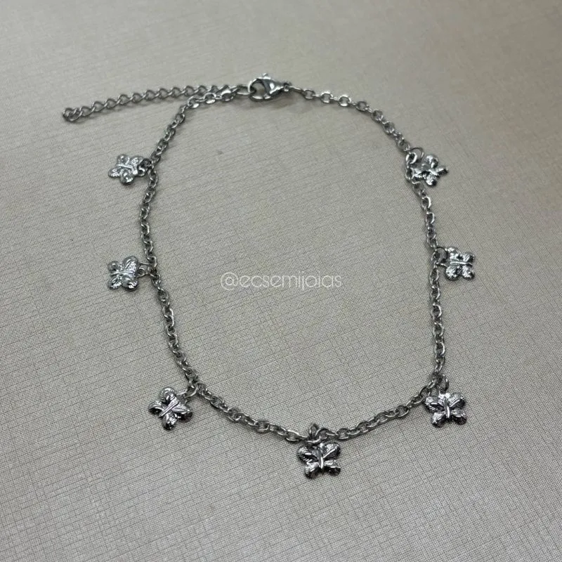 Tornozeleira portuguesinha com borboletas lisas penduradas - 24cm + extensor - aço inoxidável