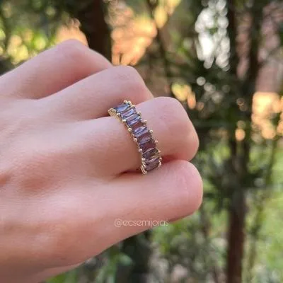 Anel 360 pedra baguete - banhado a ouro 18k