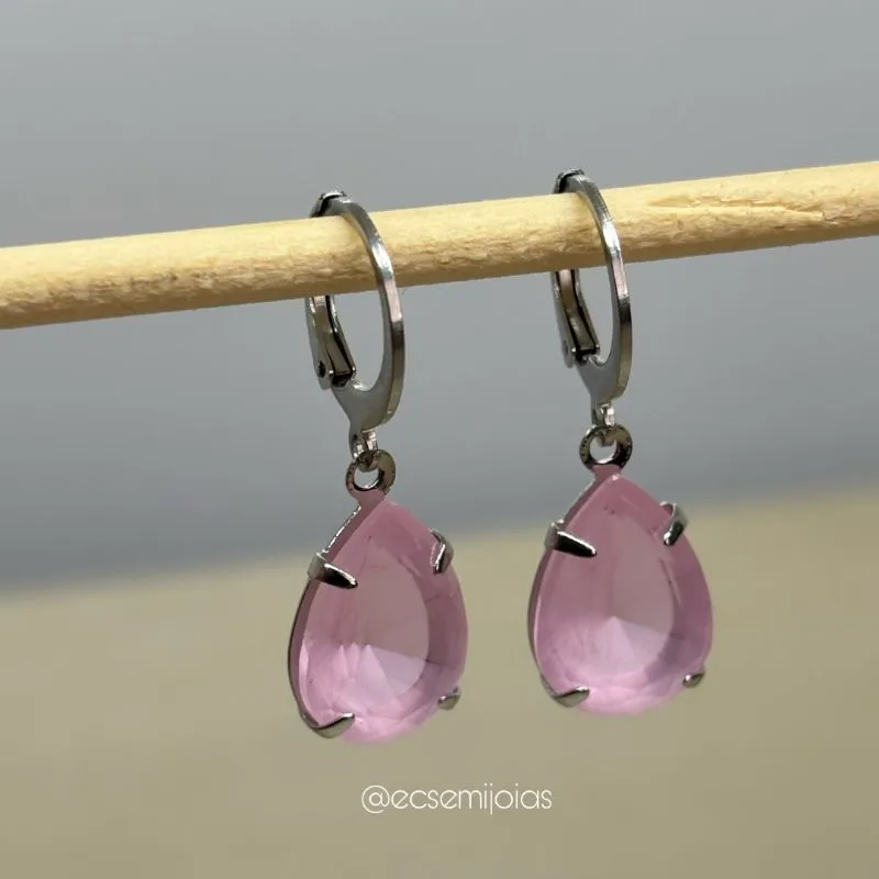 Argola tranqueta com pedra gota 10x14mm - aço inoxidável