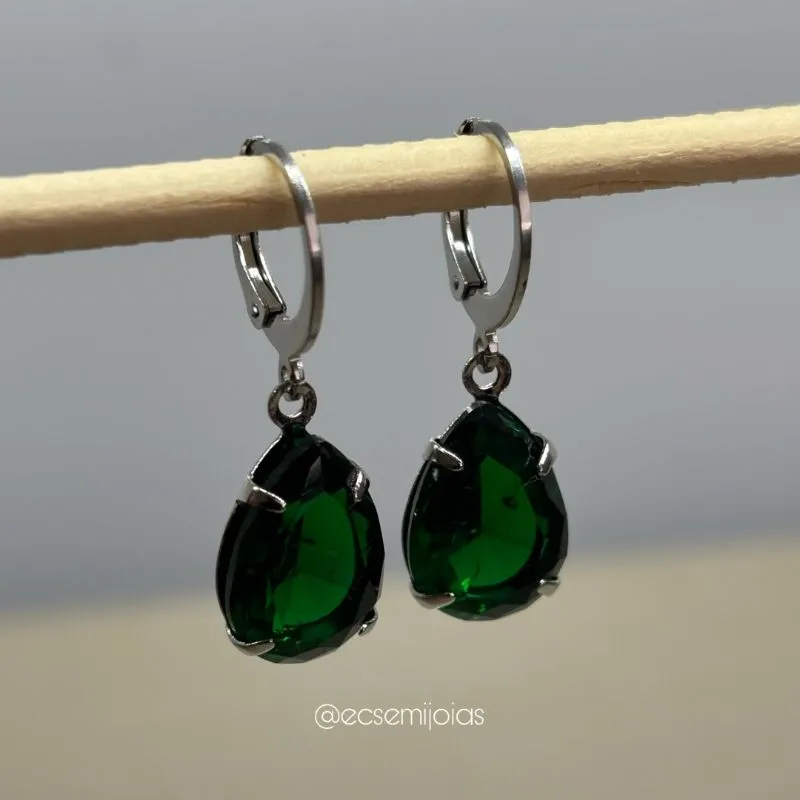 Argola tranqueta com pedra gota 10x14mm - aço inoxidável