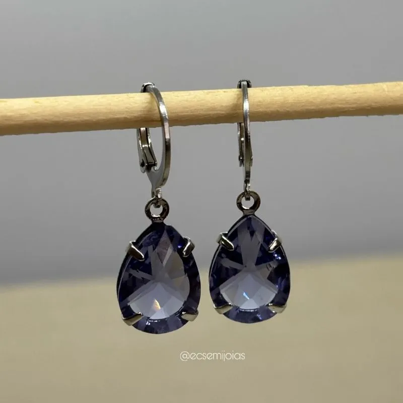 Argola tranqueta com pedra gota 10x14mm - aço inoxidável