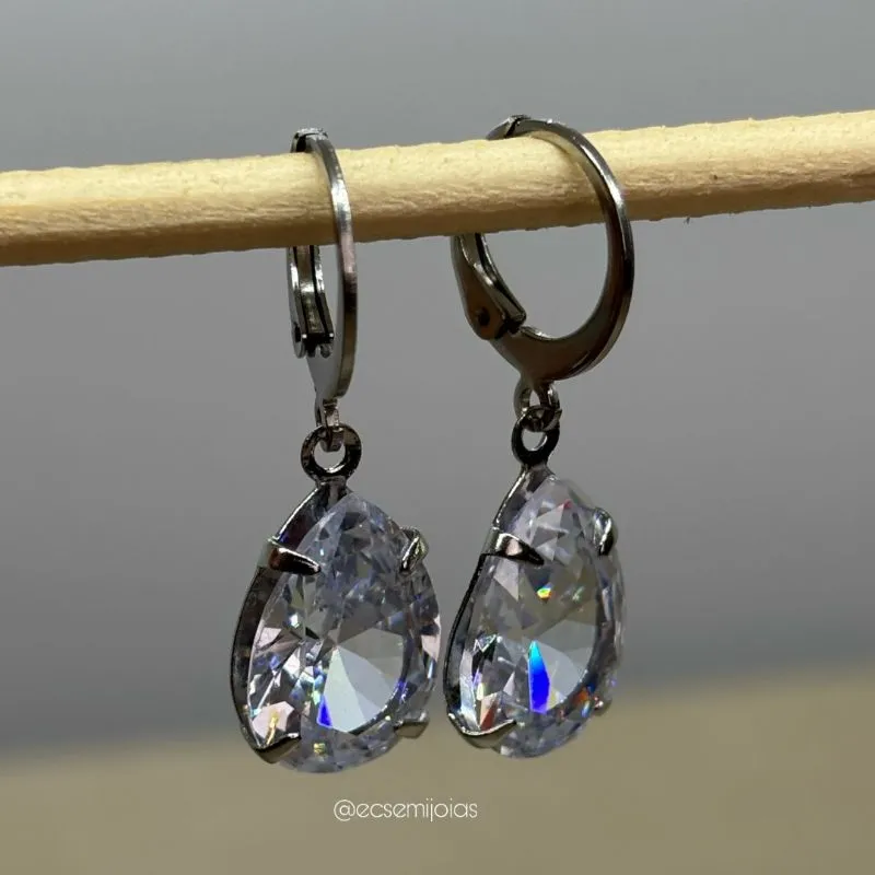 Argola tranqueta com pedra gota 10x14mm - aço inoxidável