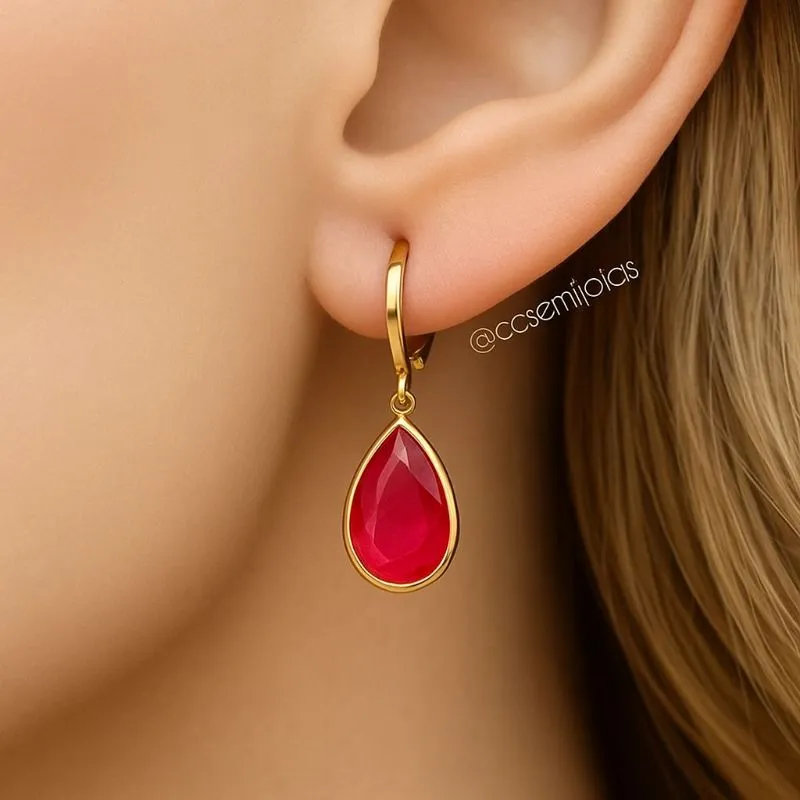 Argola tranqueta com pingente cristal gota pendurada - 8x12mm - banhado a ouro 18k
