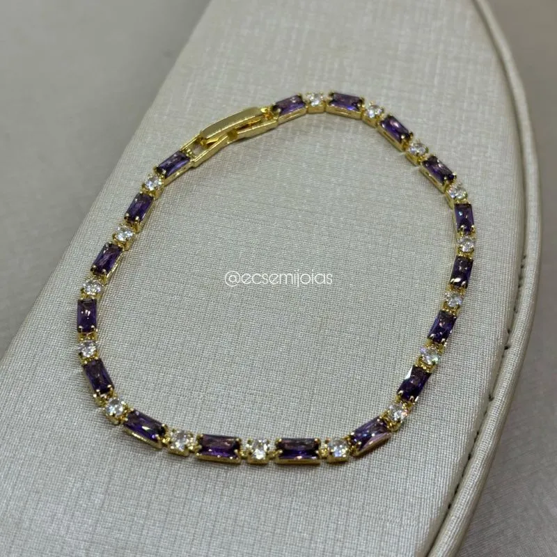Pulseira com 100% de zircônias baguetes e zircônias redondas intercaladas - 18cm - banhado a ouro 18k