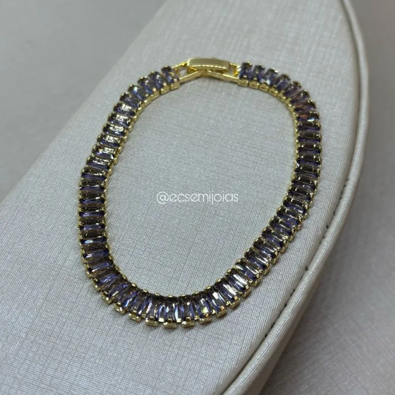 Pulseira com 100% zircônias baguetes 5mm - 18cm - banhado a ouro 18k