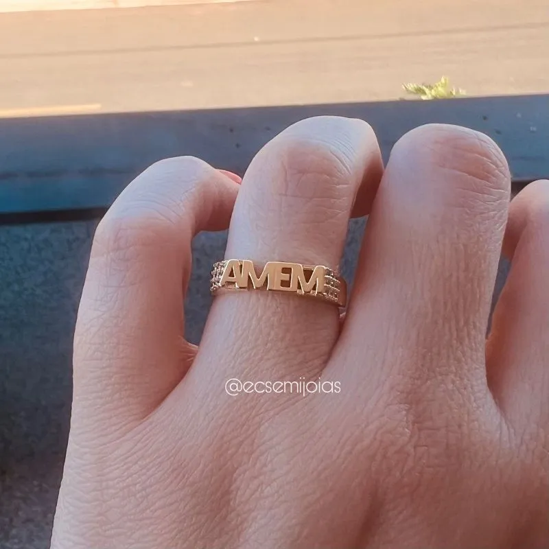 Anel AMÉM com laterais cravejadas  - banhado a ouro 18k