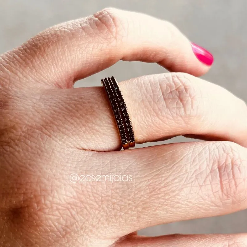 Anel aparador duplo com 1 fileira cravejada - banhado a ouro 18k