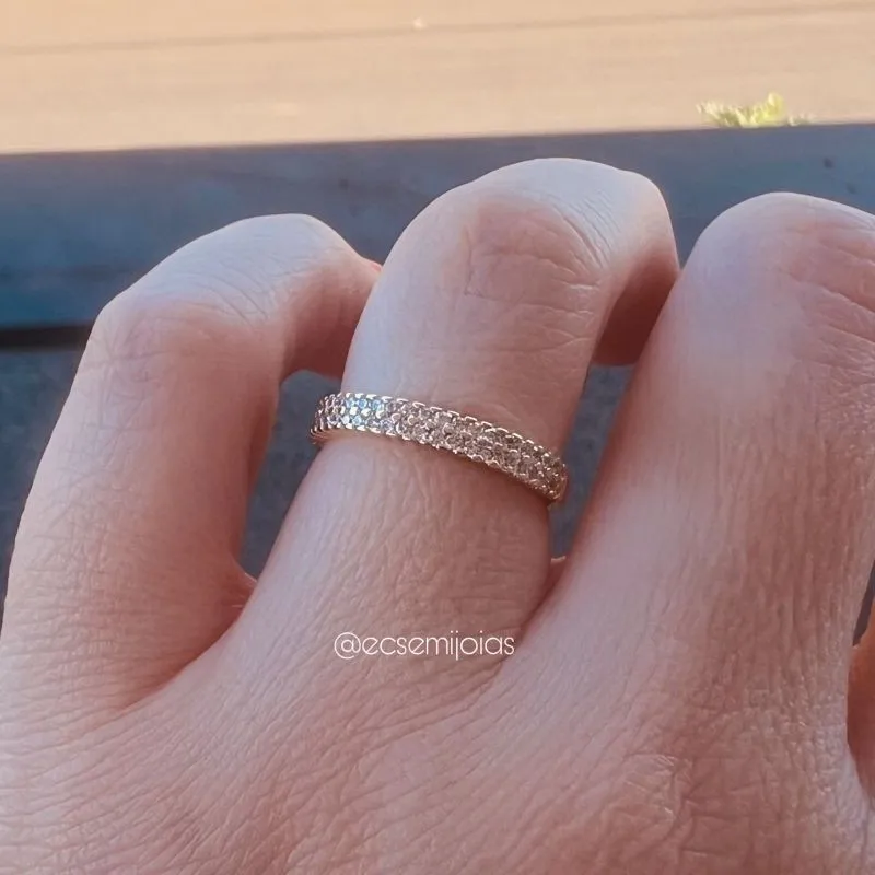 Anel aparador (individual) com 2 fileiras cravejadas  - banhado a ouro 18k