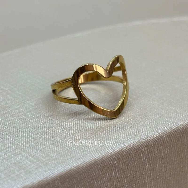 Anel coração liso vazado com aro vazado - aço inoxidável dourado