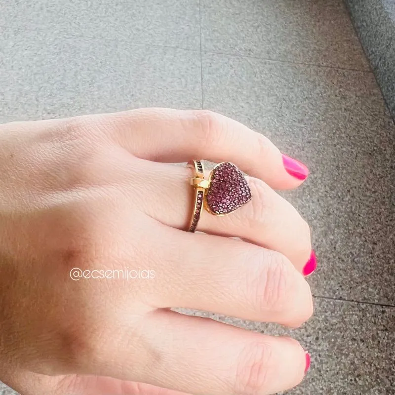 Anel coração pendurado cravejado - banhado a ouro 18k