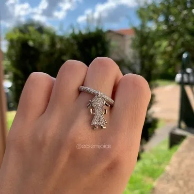 Anel criança maior cravejada menina - banhado a ródio branco