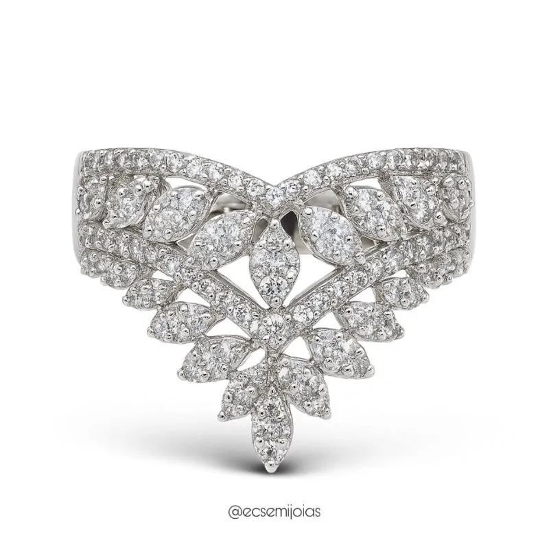 Anel luxo com 2 fileiras de navetes cravejadas todo vazado - banhado a ródio branco