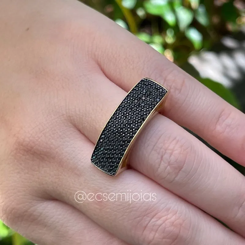 Anel retangulo comprido cravejado - banhado a ouro 18k