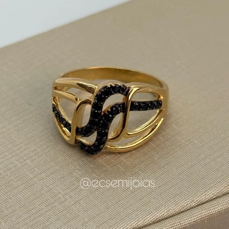 Anel trançado cravejado vazado - banhado a ouro 18k