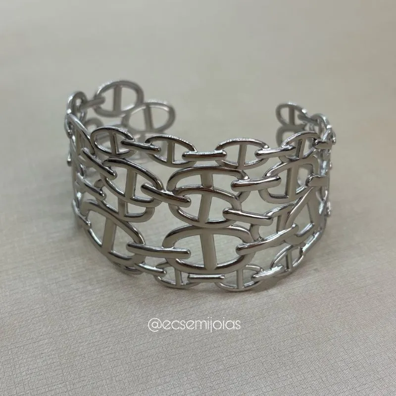 Bracelete de elos ovais lisos vazados - aço inoxidável
