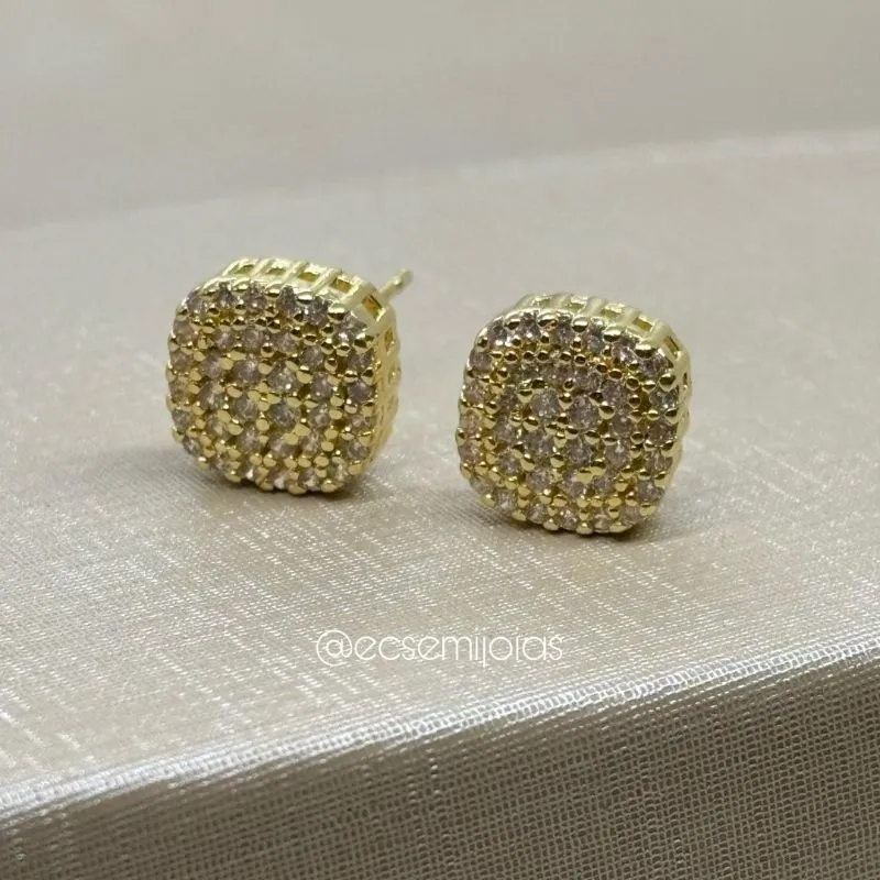 Brinco quadrado cravejado - 10mm - banhado a ouro 18k